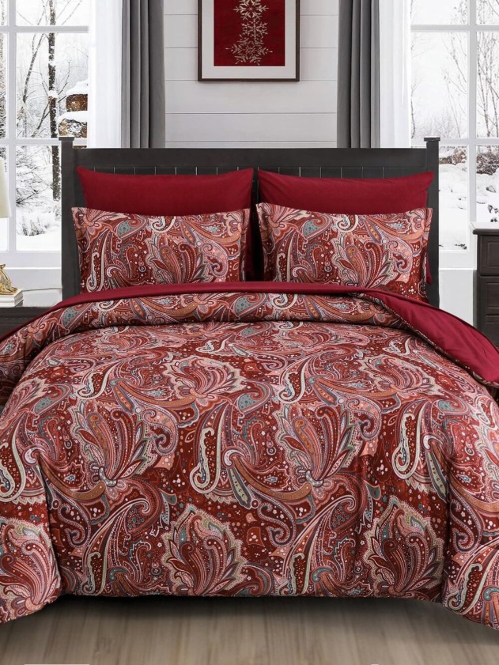 Red Paisley Comforter Set King Size 7 Piece Bed in a Bag